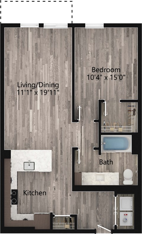 Floor plan for 1 bed, 1 bath, 791 sqft